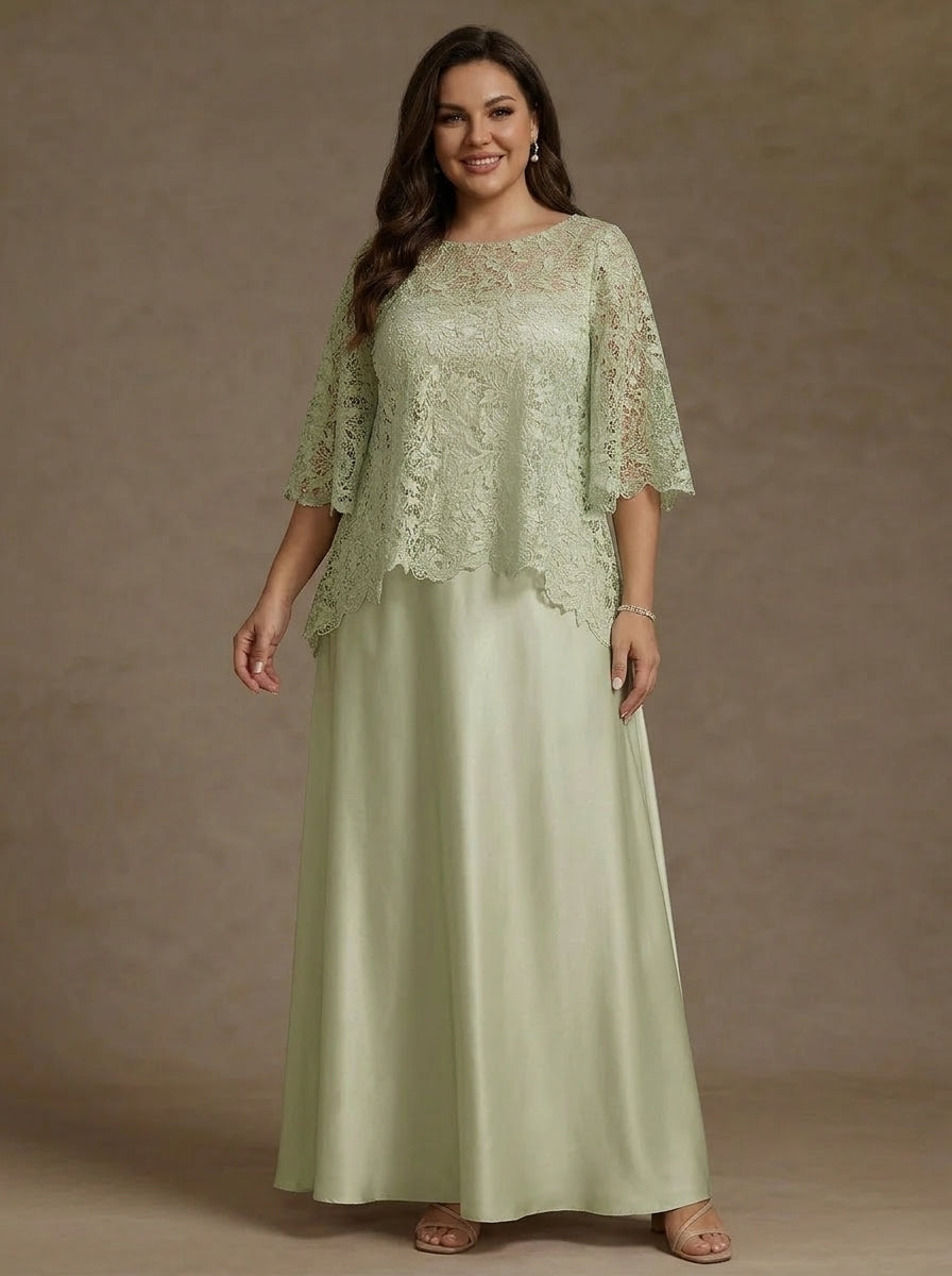 2 Pieces A-Line/Princess Silk Satin Scoop Plus Size Mother ofthe Bride Dresses Lace Floor Length Short Sleeves