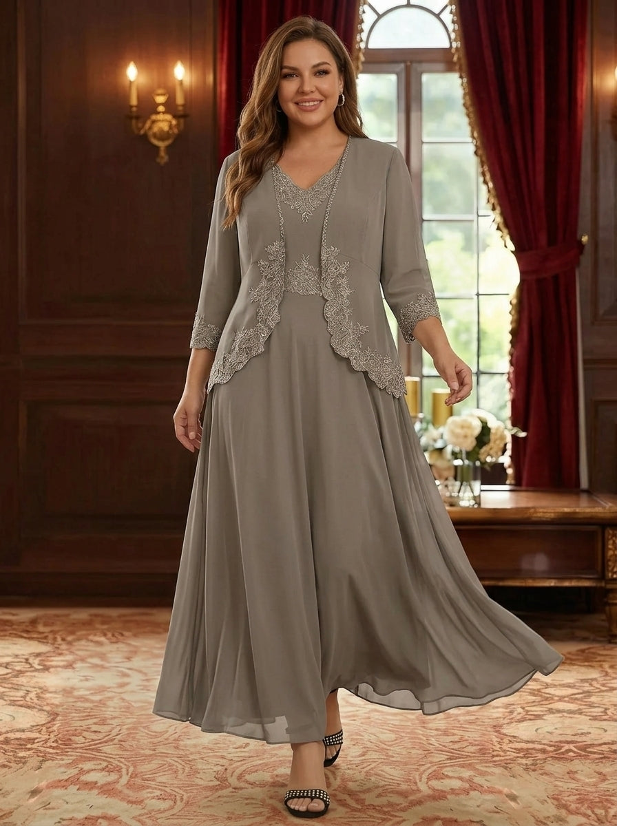 2 Pieces A-Line/Princess V-Neck Chiffon Plus Size Mother of the Bride Dresses with Jacket Lace Ankle-Length 3/4 Sleeves