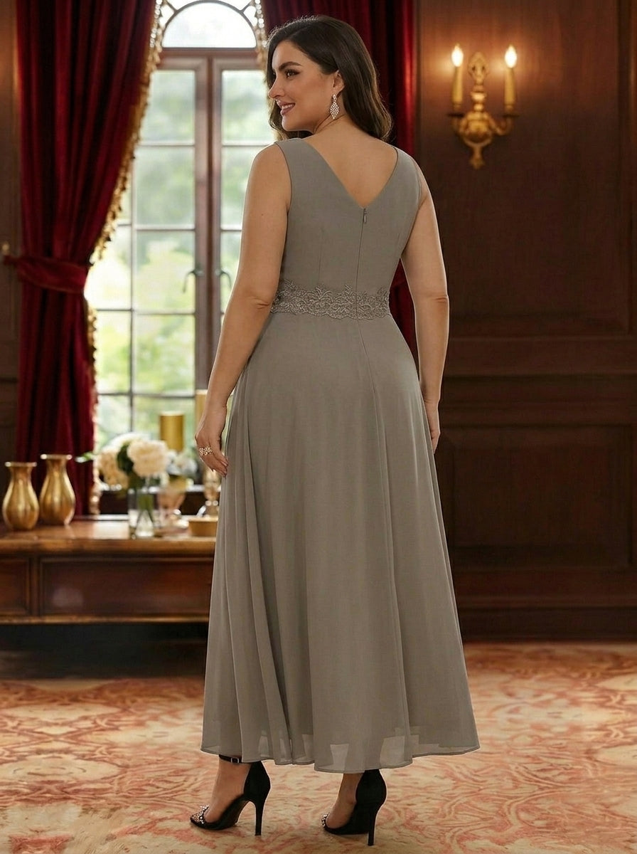 2 Pieces A-Line/Princess V-Neck Chiffon Plus Size Mother of the Bride Dresses with Jacket Lace Ankle-Length 3/4 Sleeves