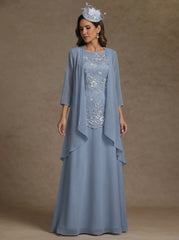 2 Pieces A-Line/Princess Scoop Chiffon Mother of the Bride Dresses with Jacket Floor-Length 3/4 Sleeves Lace