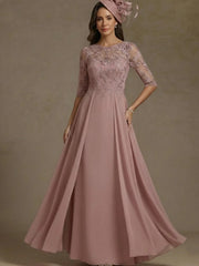 A-Line/Princess Boat Neck Chiffon Mother of the Bride Dresses Lace Floor-Length Half Sleeves