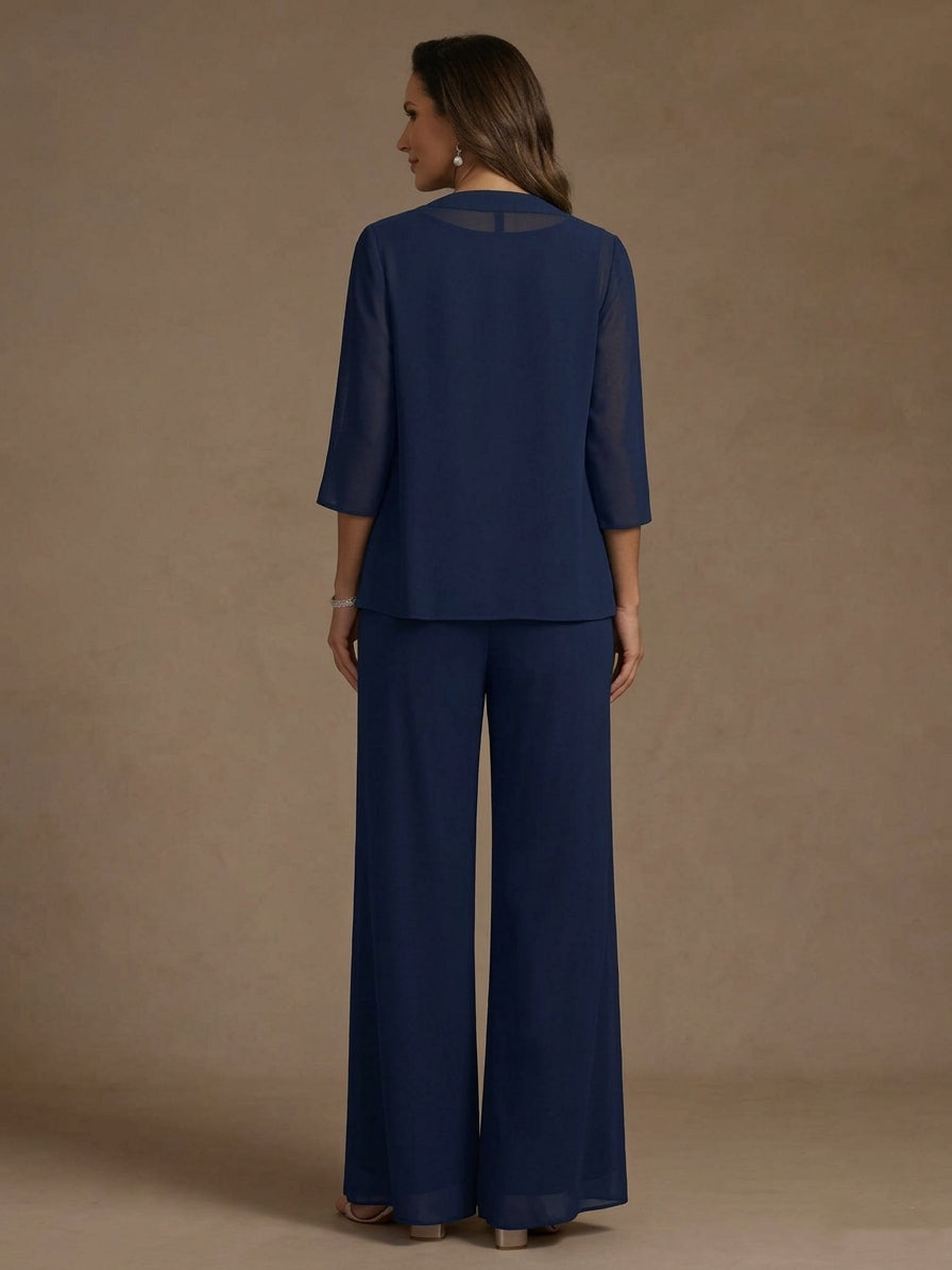 3 Pieces Suit Chiffon Mother of the Bride Pantsuits with Jacket Scoop 3/4 Sleeves Ankle Length Lace Sequins
