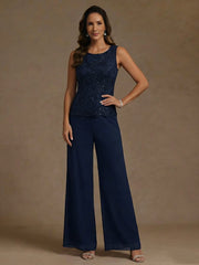 3 Pieces Suit Chiffon Mother of the Bride Pantsuits with Jacket Scoop 3/4 Sleeves Ankle Length Lace Sequins