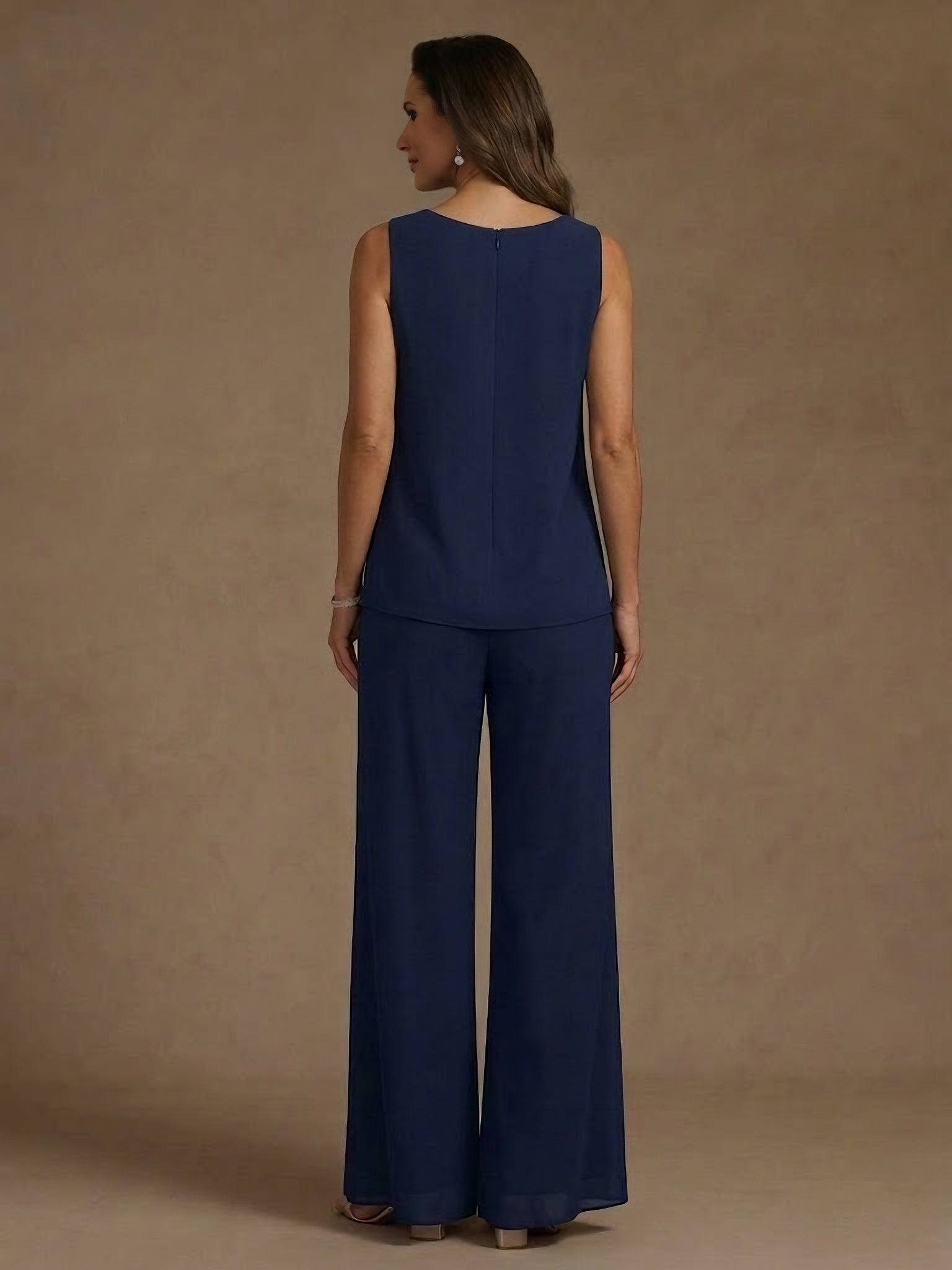 3 Pieces Suit Chiffon Mother of the Bride Pantsuits with Jacket Scoop 3/4 Sleeves Ankle Length Lace Sequins