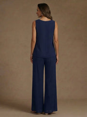 3 Pieces Suit Chiffon Mother of the Bride Pantsuits with Jacket Scoop 3/4 Sleeves Ankle Length Lace Sequins