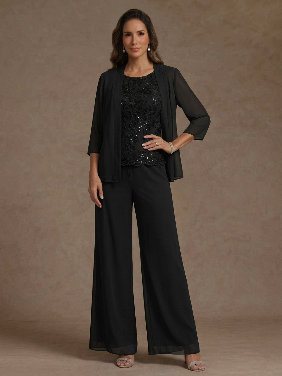 3 Pieces Suit Chiffon Mother of the Bride Pantsuits with Jacket Scoop 3/4 Sleeves Ankle Length Lace Sequins