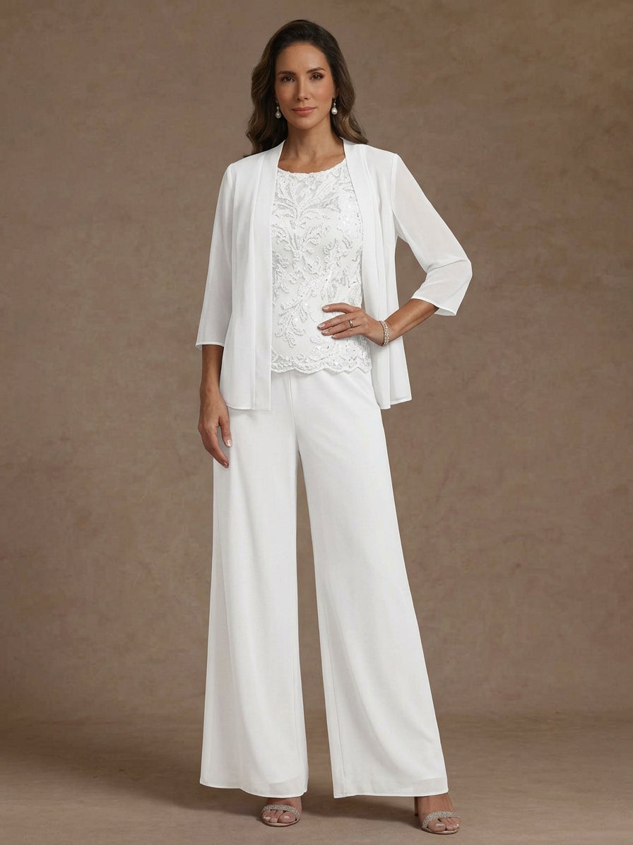 3 Pieces Suit Chiffon Mother of the Bride Pantsuits with Jacket Scoop 3/4 Sleeves Ankle Length Lace Sequins