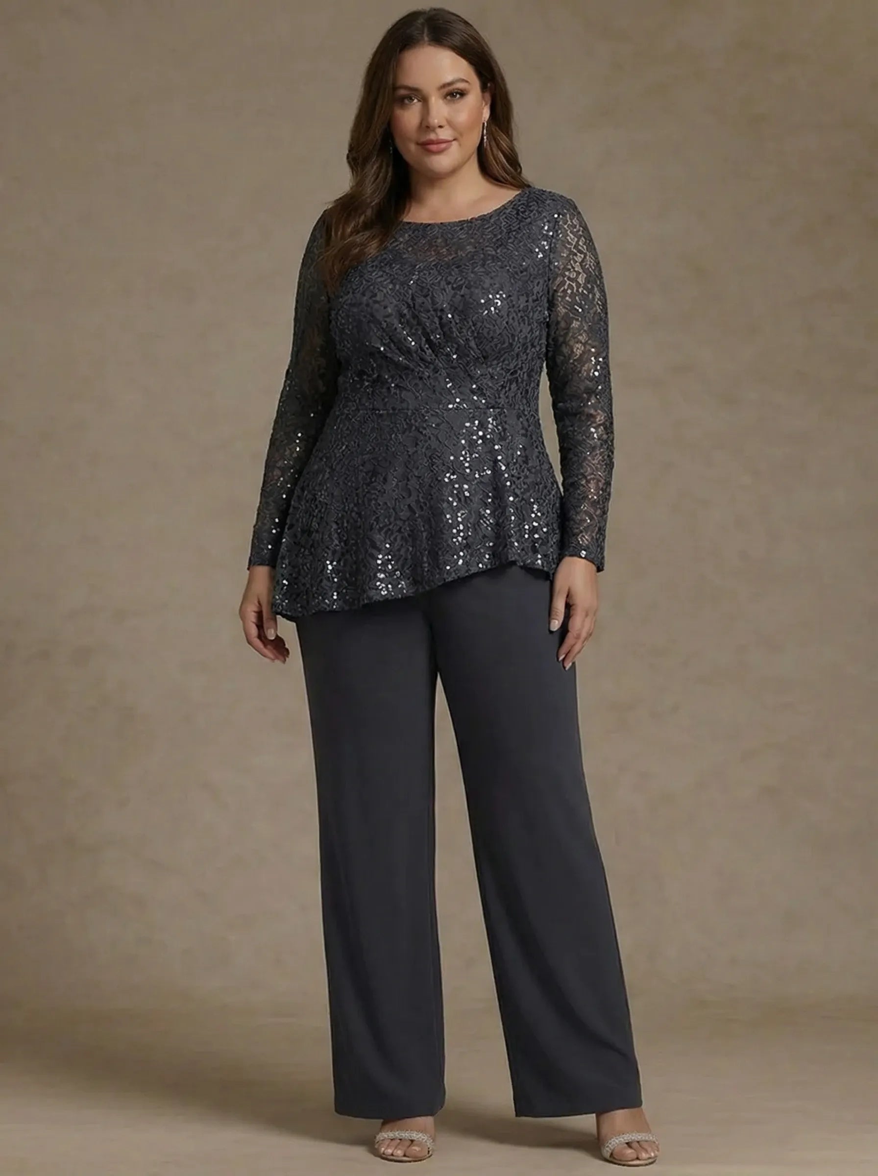 3 Pieces Suit Scoop Chiffon Plus Size Mother of the Bride Pantsuits Lace Ankle-Length Long Sleeves