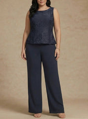 3 Pieces Suit Scoop Chiffon Plus Size Mother of the Bride Pantsuits Lace Ankle-Length Long Sleeves