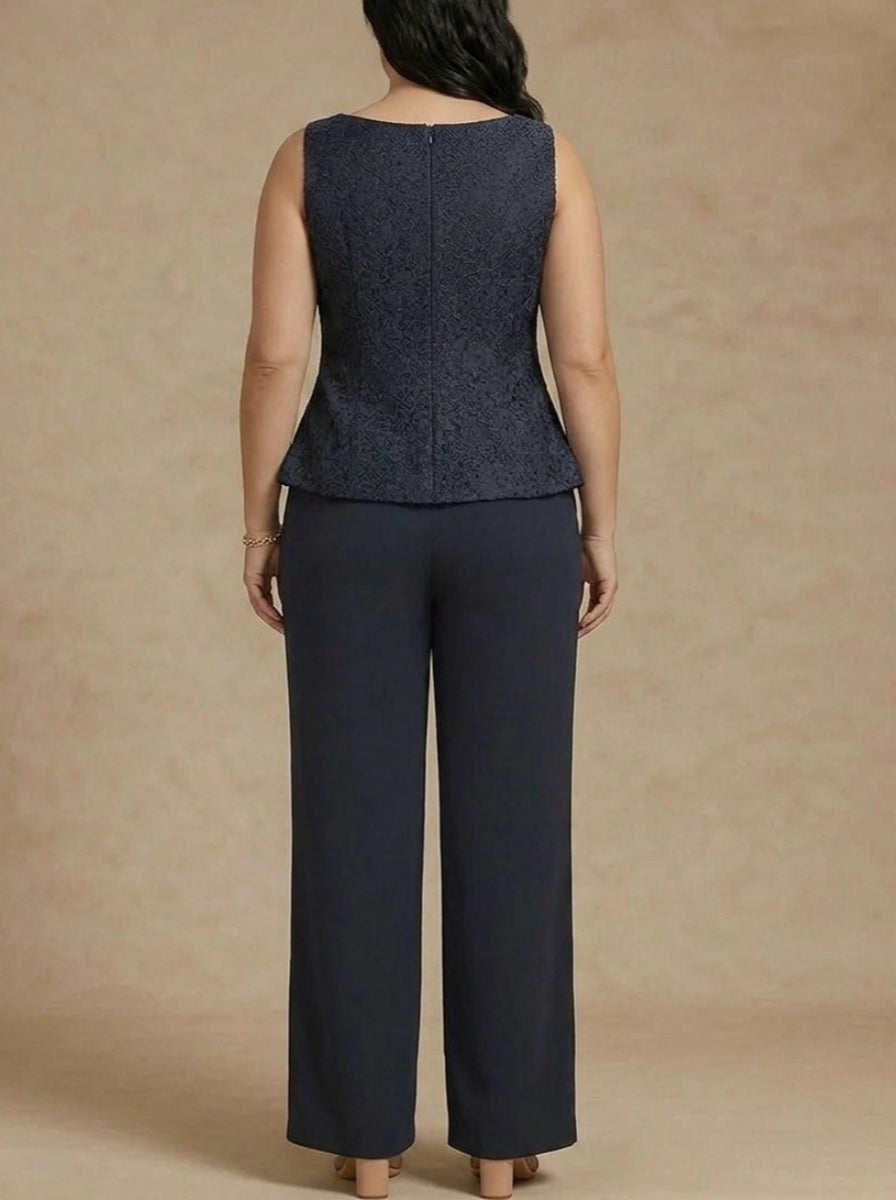 3 Pieces Suit Scoop Chiffon Plus Size Mother of the Bride Pantsuits Lace Ankle-Length Long Sleeves