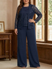 3 Pieces Chiffon Scoop Plus Size Mother of the Bride Pantsuits with Jacket Sequins Long Sleeves Floor Length