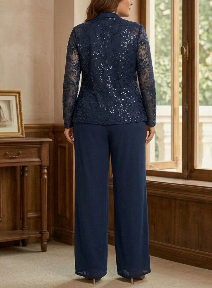 3 Pieces Chiffon Scoop Plus Size Mother of the Bride Pantsuits with Jacket Sequins Long Sleeves Floor Length