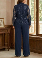 3 Pieces Chiffon Scoop Plus Size Mother of the Bride Pantsuits with Jacket Sequins Long Sleeves Floor Length