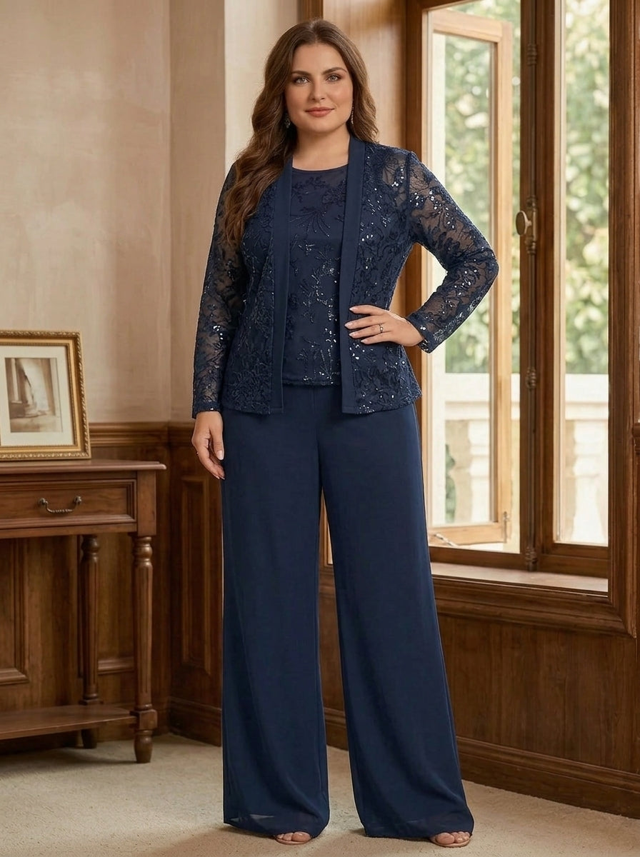 3 Pieces Chiffon Scoop Plus Size Mother of the Bride Pantsuits with Jacket Sequins Long Sleeves Floor Length