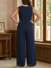 3 Pieces Chiffon Scoop Plus Size Mother of the Bride Pantsuits with Jacket Sequins Long Sleeves Floor Length