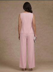 3 Pieces Suit V-Neck Chiffon Mother of the Bride Pantsuits with Jacket Lace Ankle-Length 3/4 Sleeves