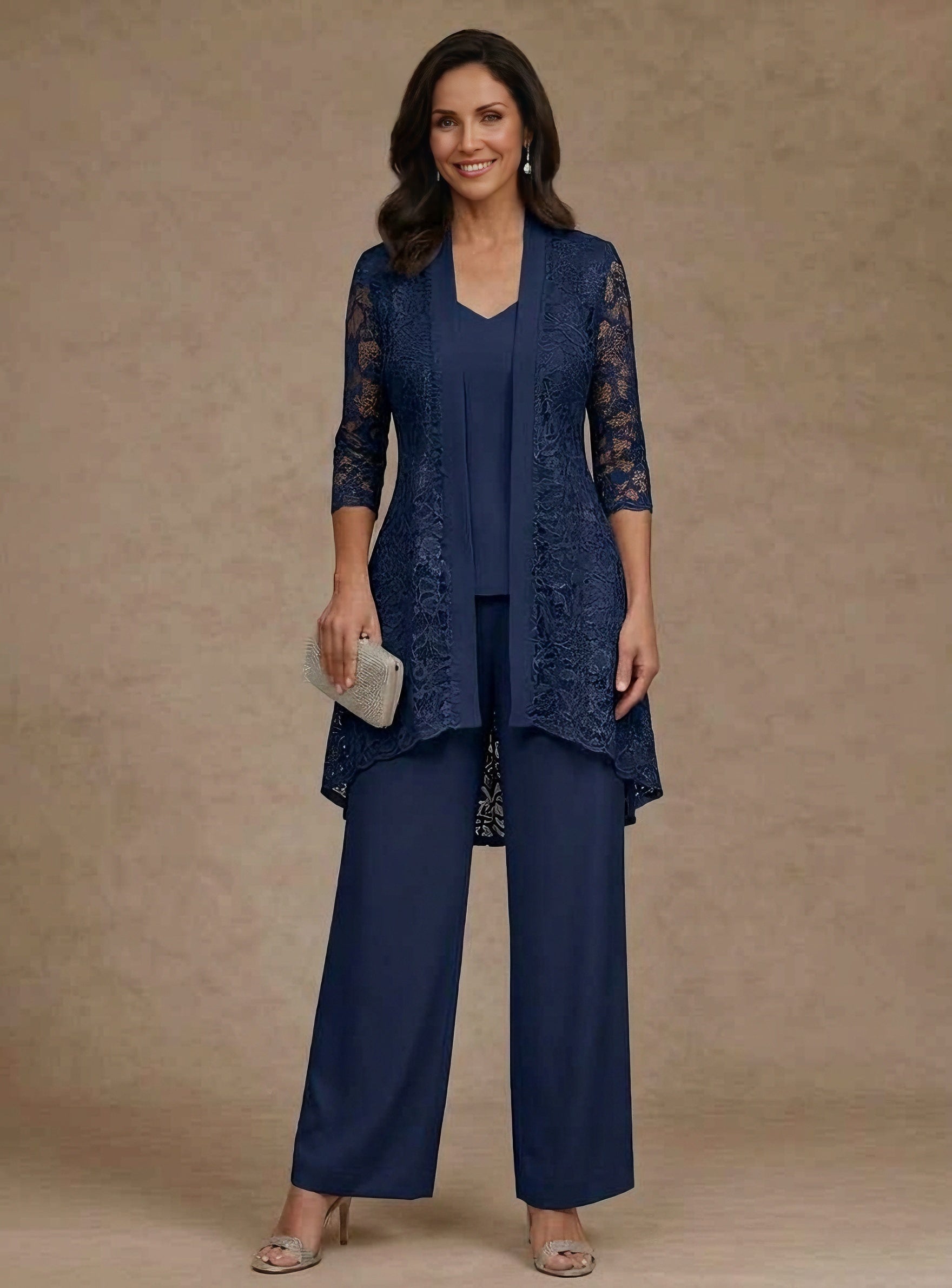 3 Pieces Suit V-Neck Chiffon Mother of the Bride Pantsuits with Jacket Lace Ankle-Length 3/4 Sleeves