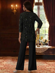 3 Pieces Suit Scoop Chiffon Mother of the Bride Pantsuits with Jacket Sequins Ankle-Length 3/4 Sleeves