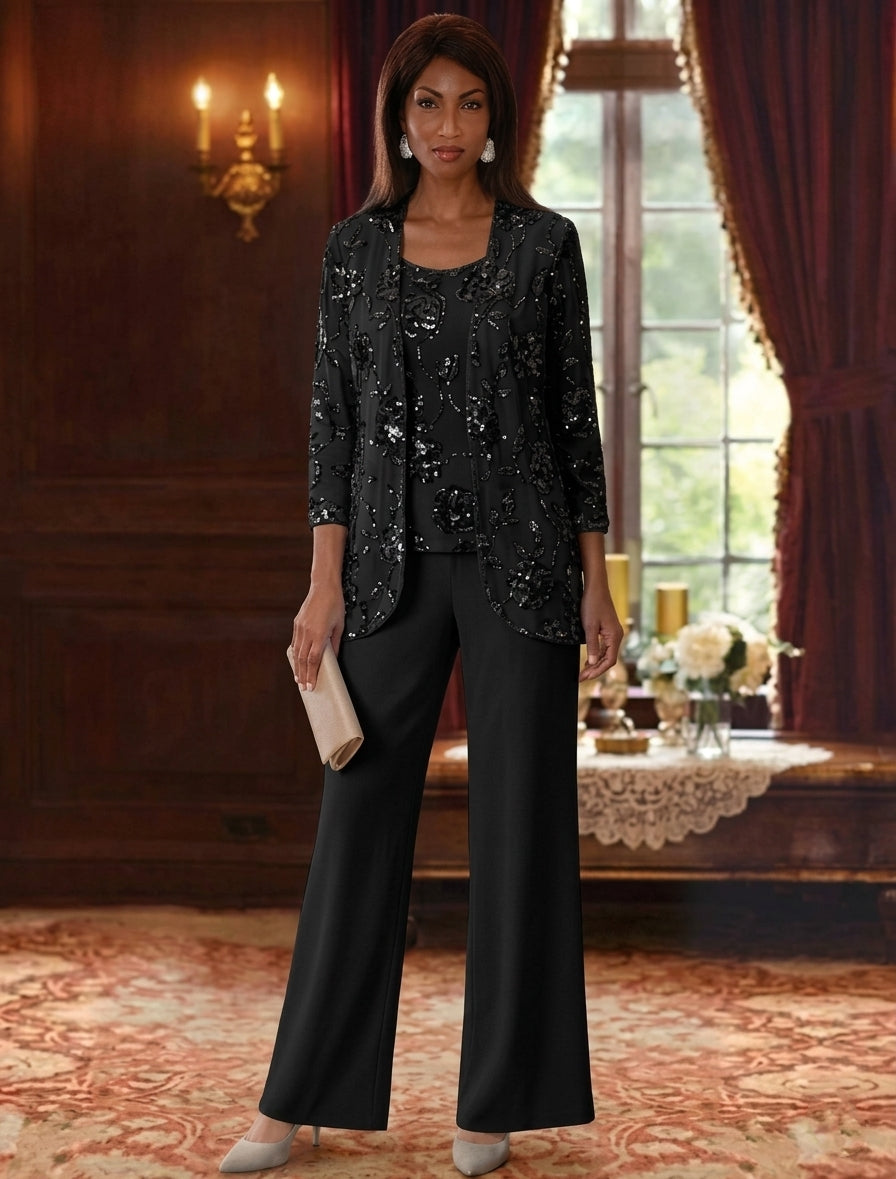 3 Pieces Suit Scoop Chiffon Mother of the Bride Pantsuits with Jacket Sequins Ankle-Length 3/4 Sleeves