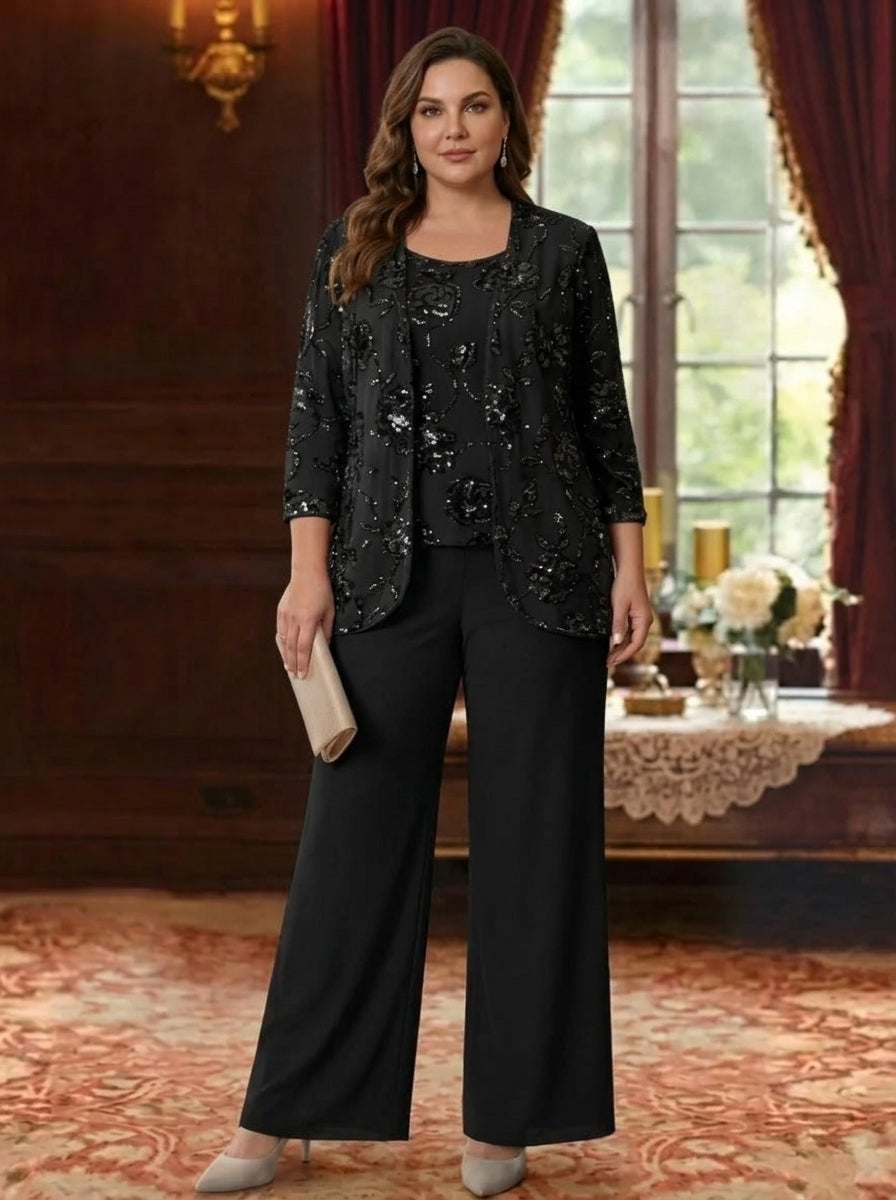 3 Pieces Suit Scoop Chiffon Plus Size Mother of the Bride Pantsuits with Jacket Sequins Ankle-Length 3/4 Sleeves