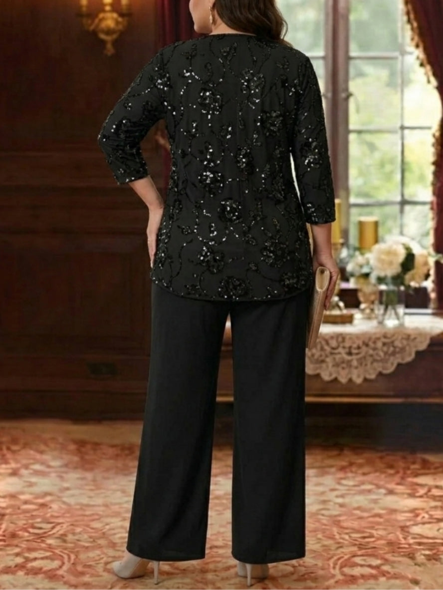 3 Pieces Suit Scoop Chiffon Plus Size Mother of the Bride Pantsuits with Jacket Sequins Ankle-Length 3/4 Sleeves