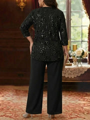 3 Pieces Suit Scoop Chiffon Plus Size Mother of the Bride Pantsuits with Jacket Sequins Ankle-Length 3/4 Sleeves