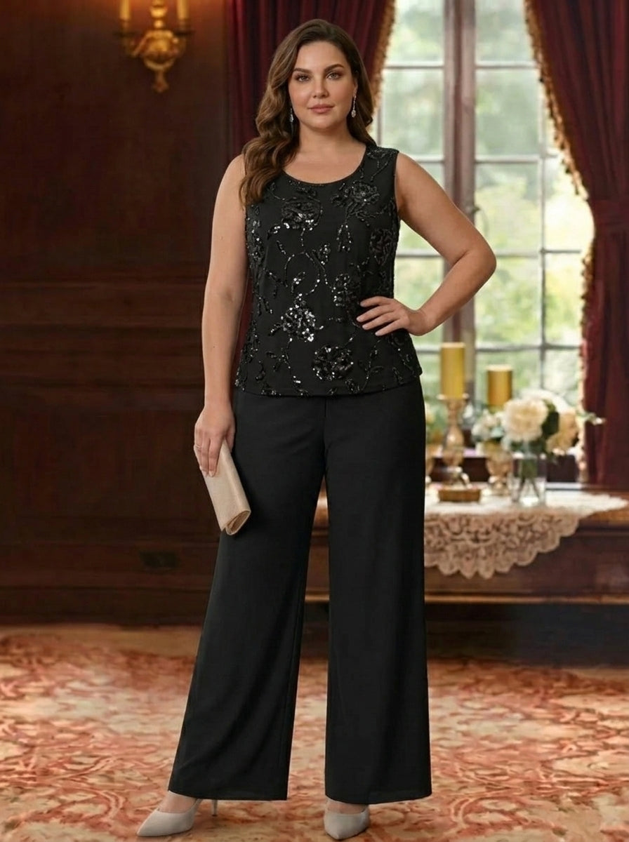 3 Pieces Suit Scoop Chiffon Plus Size Mother of the Bride Pantsuits with Jacket Sequins Ankle-Length 3/4 Sleeves
