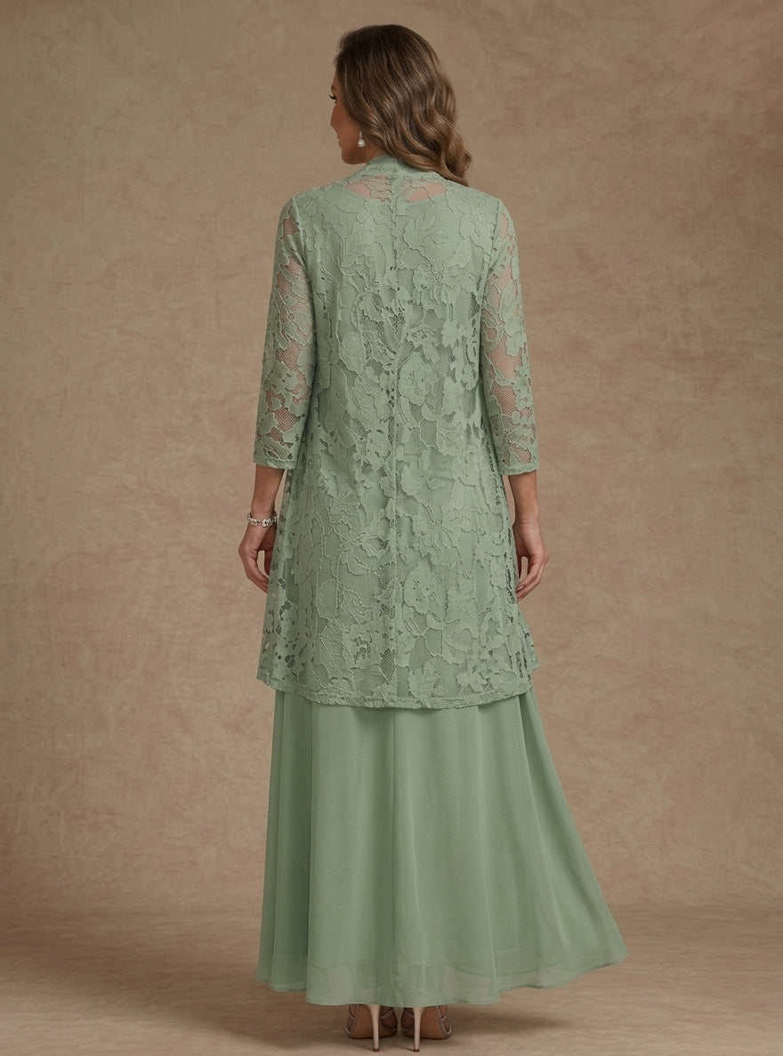 3 Pieces Suit A-Line/Princess V-Neck Chiffon Mother of the Bride Dresses with Jacket Lace Ankle-Length 3/4 Sleeves