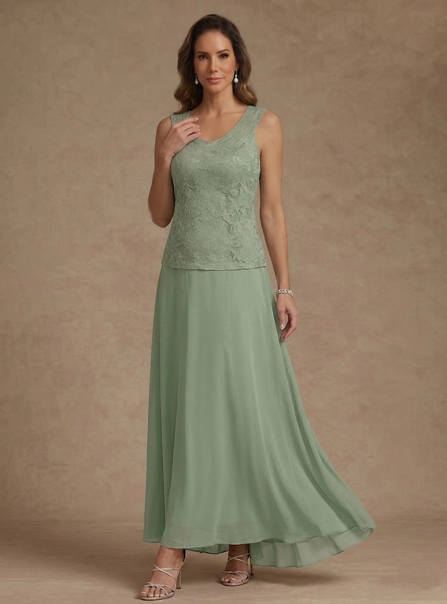 3 Pieces Suit A-Line/Princess V-Neck Chiffon Mother of the Bride Dresses with Jacket Lace Ankle-Length 3/4 Sleeves