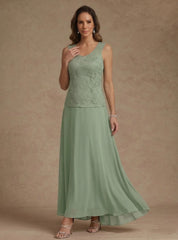 3 Pieces Suit A-Line/Princess V-Neck Chiffon Mother of the Bride Dresses with Jacket Lace Ankle-Length 3/4 Sleeves
