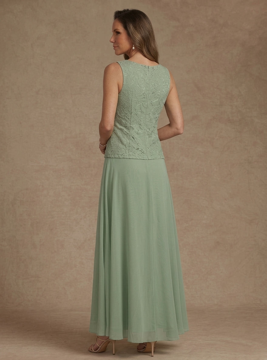 3 Pieces Suit A-Line/Princess V-Neck Chiffon Mother of the Bride Dresses with Jacket Lace Ankle-Length 3/4 Sleeves
