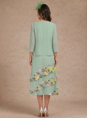 2 Pieces A-Line/Princess Scoop Chiffon Mother of the Bride Dresses with Jacket Tea-Length 3/4 Sleeves Floral