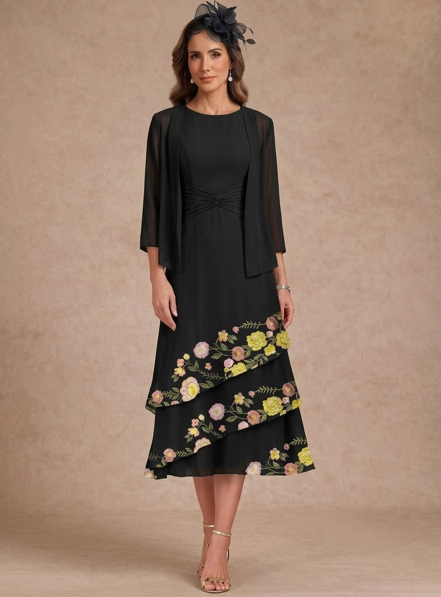 2 Pieces A-Line/Princess Scoop Chiffon Mother of the Bride Dresses with Jacket Tea-Length 3/4 Sleeves Floral