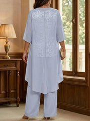3 Pieces Suit Chiffon Plus Size Mother of the Bride Pantsuits with Jacket Scoop 3/4 Sleeves Ankle Length Lace