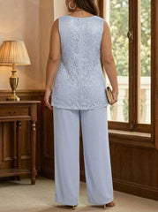 3 Pieces Suit Chiffon Plus Size Mother of the Bride Pantsuits with Jacket Scoop 3/4 Sleeves Ankle Length Lace