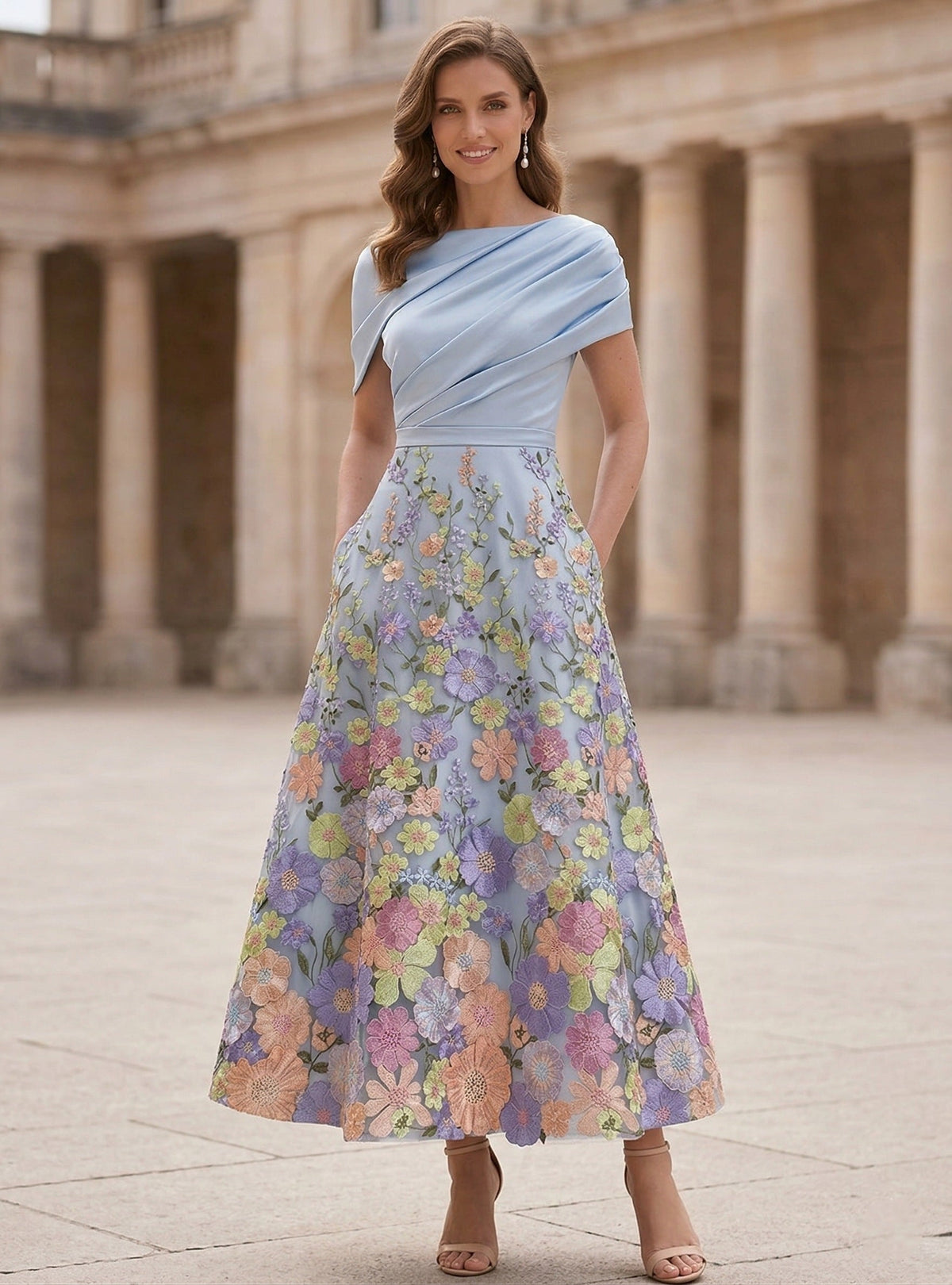 A-Line/Princess Boat Neck Satin Mother of the Bride Dresses Floral Tea-Length Short Sleeves Ruched