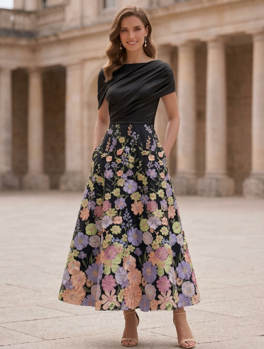 A-Line/Princess Boat Neck Satin Mother of the Bride Dresses Floral Tea-Length Short Sleeves Ruched