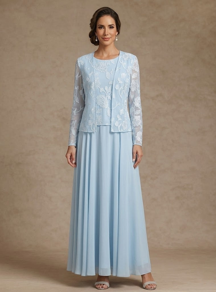 3 Pieces Suit A-Line/Princess Scoop Chiffon Mother of the Bride Dresses with Jacket Lace Floral Ankle-Length Long Sleeves