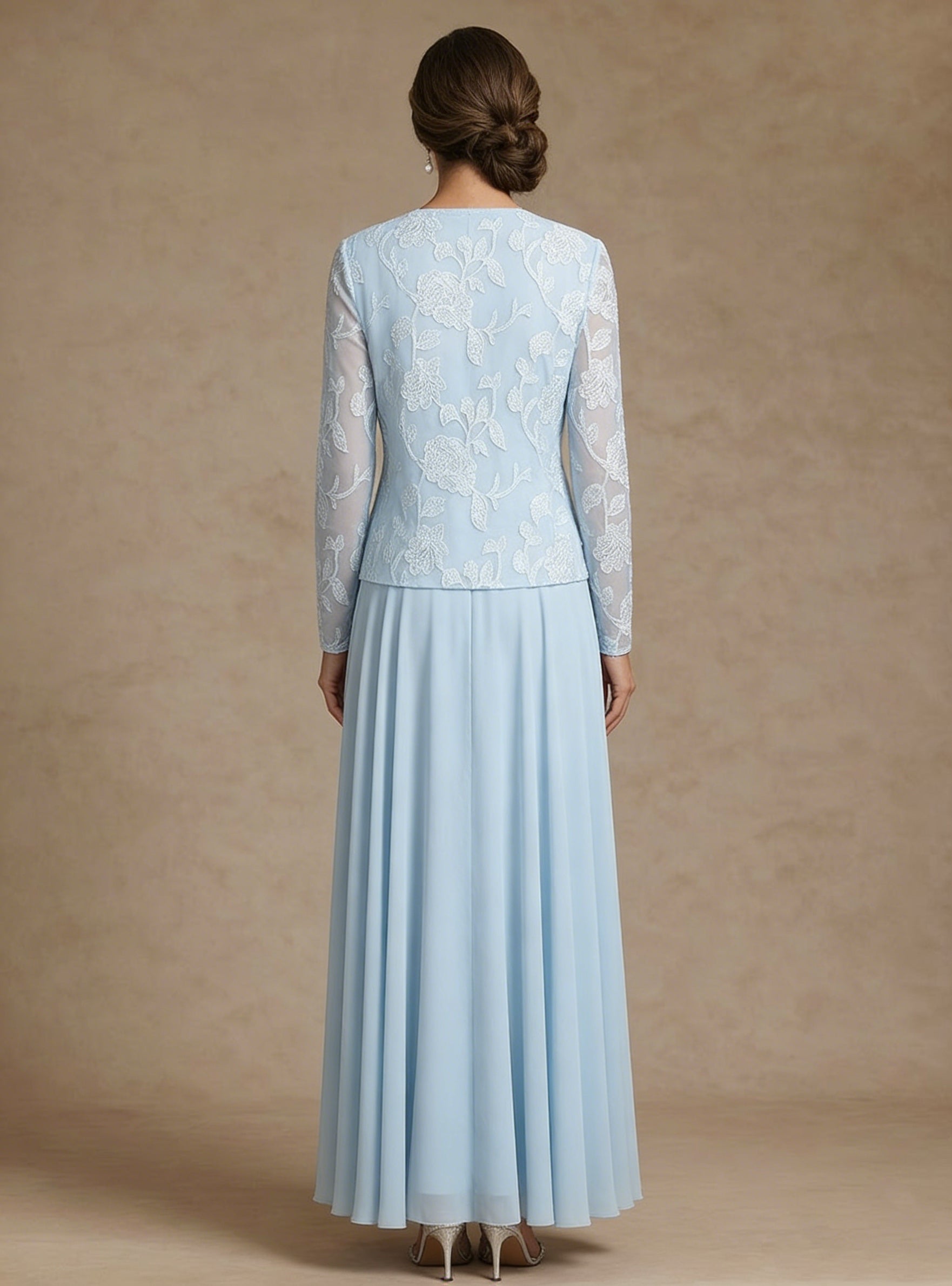 3 Pieces Suit A-Line/Princess Scoop Chiffon Mother of the Bride Dresses with Jacket Lace Floral Ankle-Length Long Sleeves