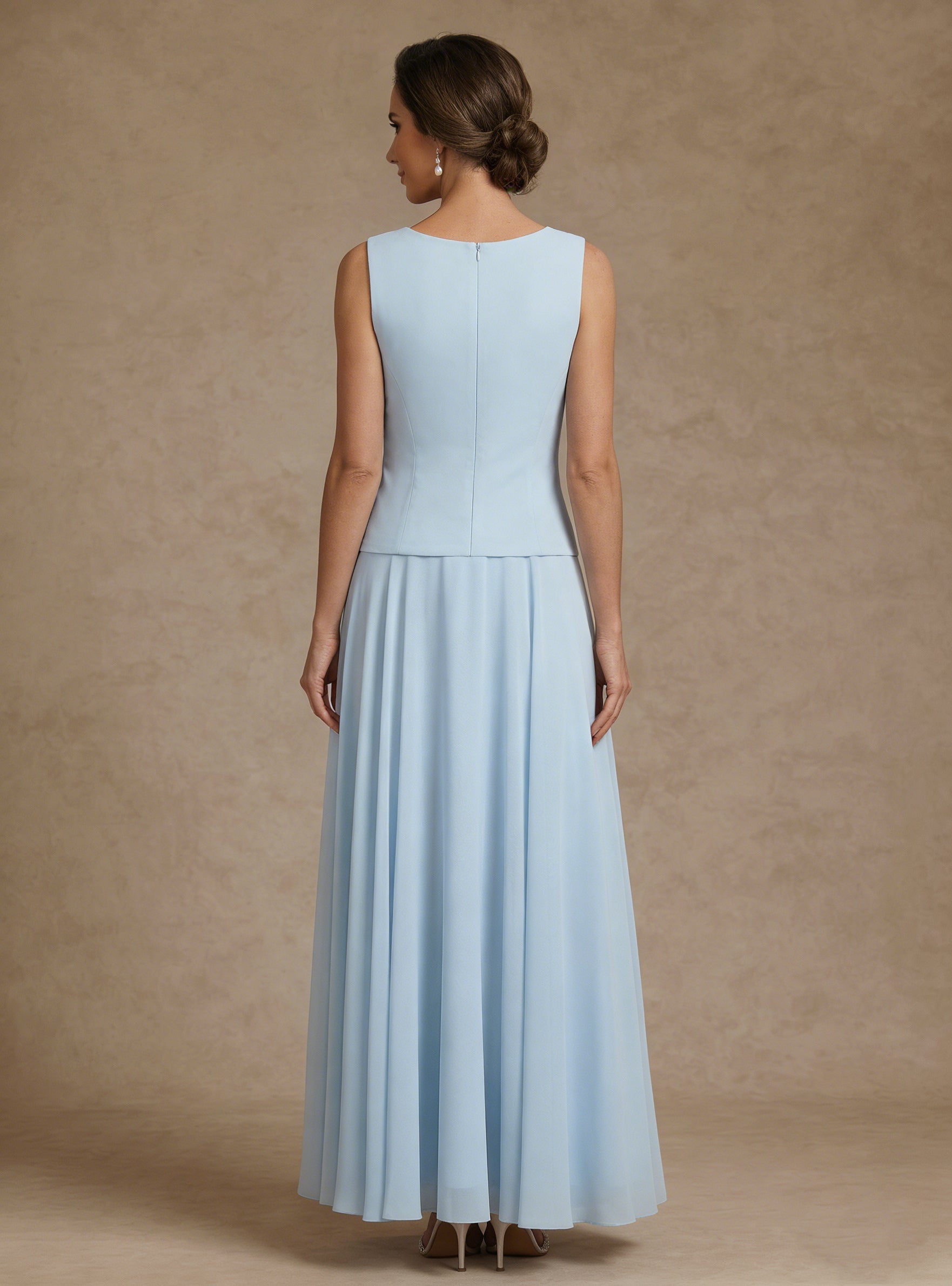 3 Pieces Suit A-Line/Princess Scoop Chiffon Mother of the Bride Dresses with Jacket Lace Floral Ankle-Length Long Sleeves