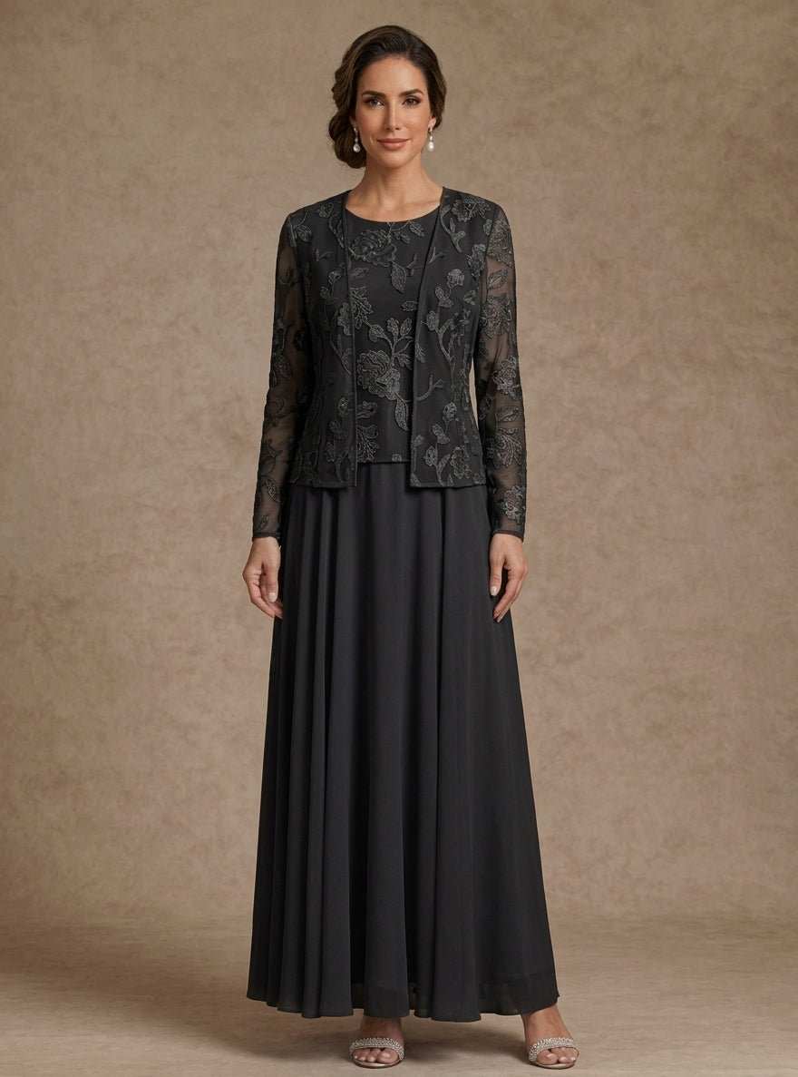 3 Pieces Suit A-Line/Princess Scoop Chiffon Mother of the Bride Dresses with Jacket Lace Floral Ankle-Length Long Sleeves