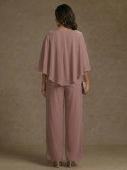 2 Piece Boat Neck Chiffon Plus Size Mother of the Bride Pantsuits Cape Sleeves Ankle-Length Rhinestone