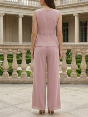 3 Pieces Suit Scoop Chiffon Mother of the Bride Pantsuits with Jacket Long Sleeves Ankle-Length Lace