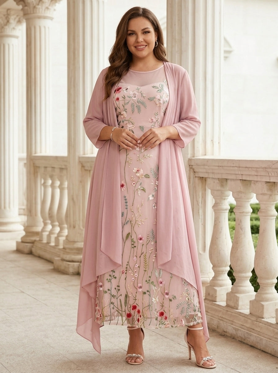 2 Pieces A-Line/Princess Scoop Chiffon Plus Size Mother of the Bride Dresses with Jacket Long Sleeves Ankle-Length Lace Floral