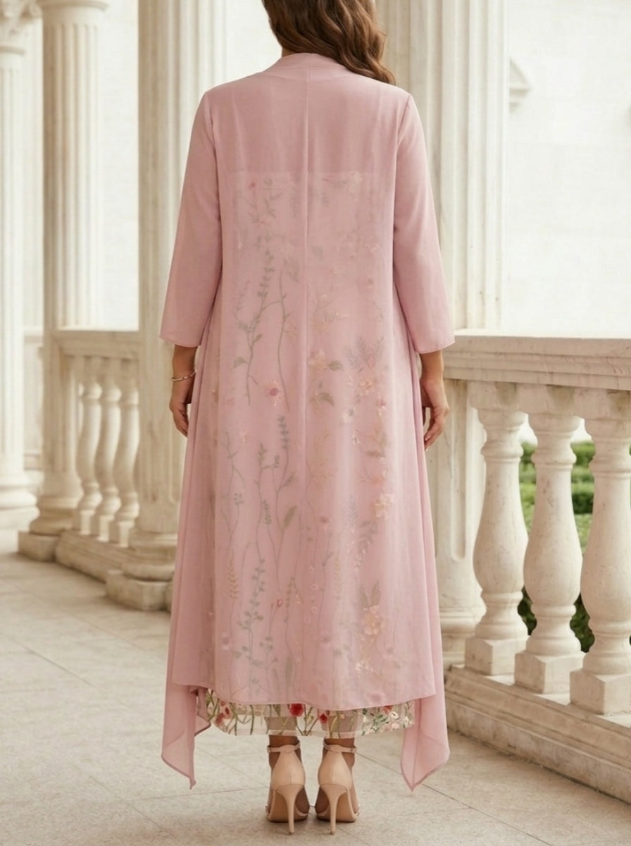 2 Pieces A-Line/Princess Scoop Chiffon Plus Size Mother of the Bride Dresses with Jacket Long Sleeves Ankle-Length Lace Floral