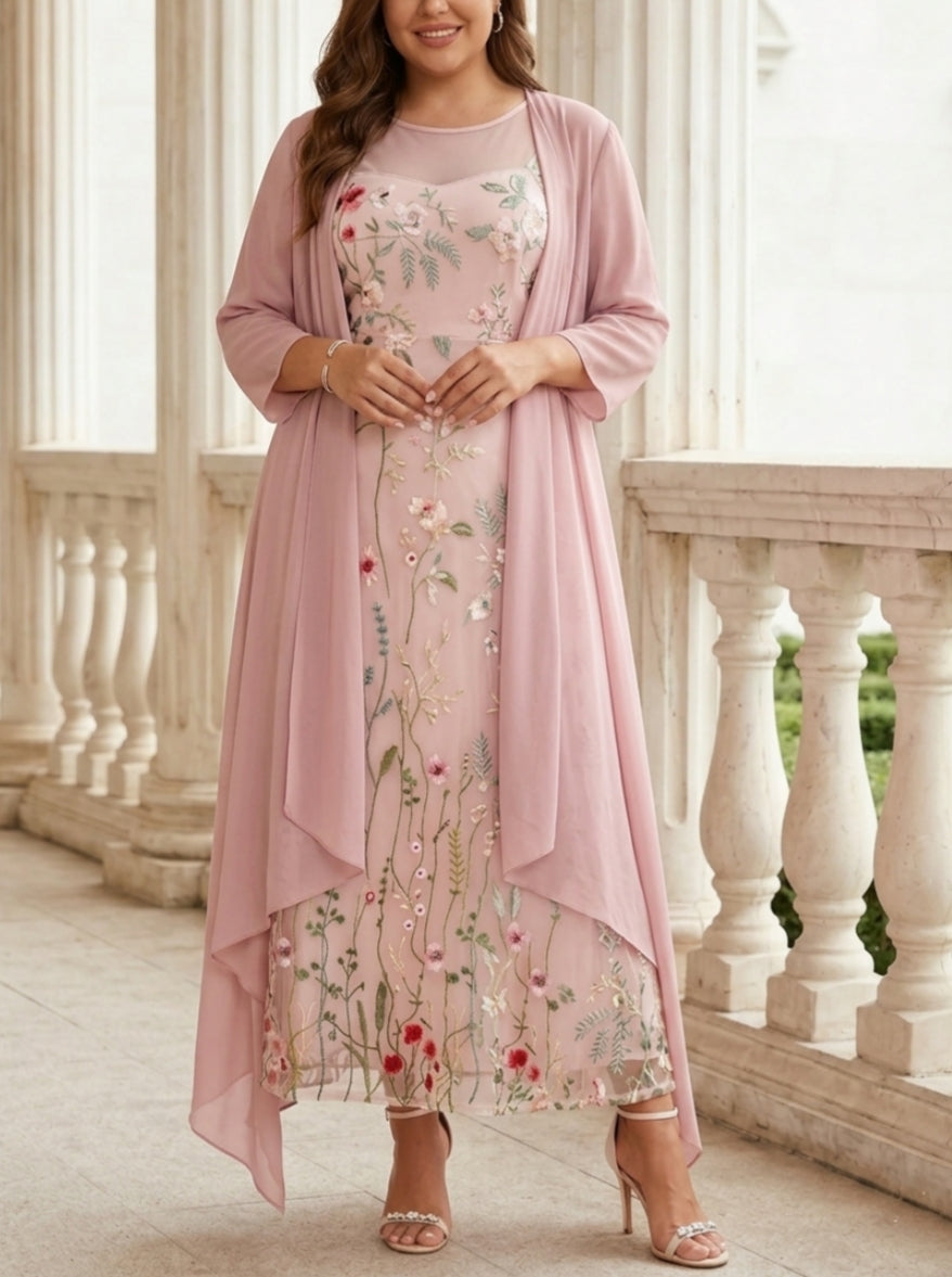 2 Pieces A-Line/Princess Scoop Chiffon Plus Size Mother of the Bride Dresses with Jacket Long Sleeves Ankle-Length Lace Floral