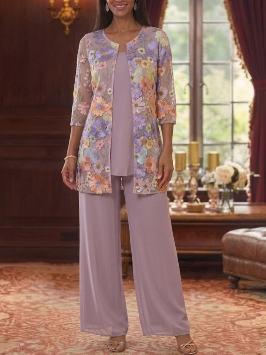 3 Pieces Suit Scoop Chiffon Mother of the Bride Pantsuits with Jacket Half Sleeves Lace Floral Ankle-Length