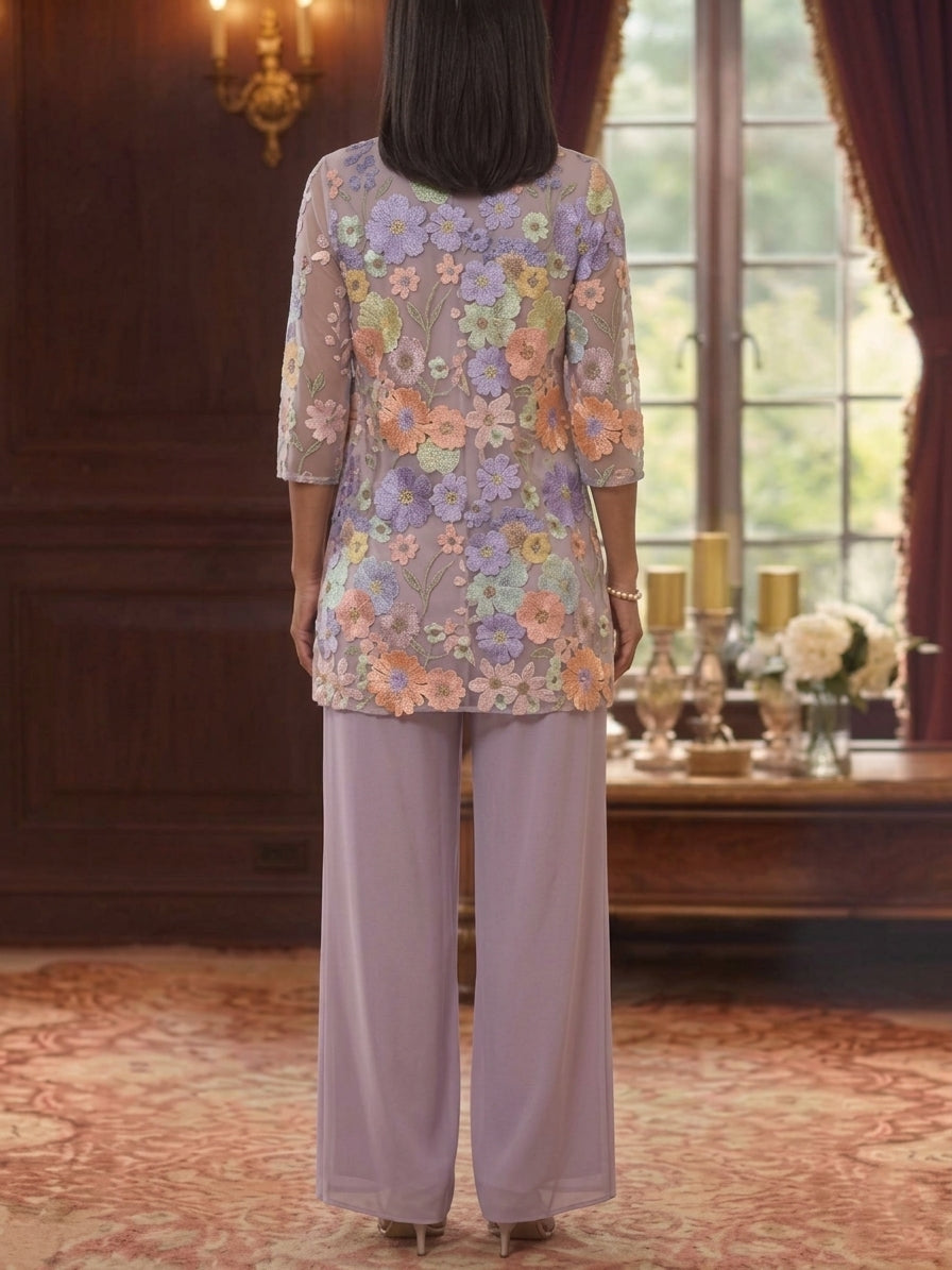 3 Pieces Suit Scoop Chiffon Mother of the Bride Pantsuits with Jacket Half Sleeves Lace Floral Ankle-Length