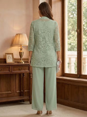 3 Pieces Suit Scoop Chiffon Plus Size Mother of the Bride Pantsuits with Jacket 3/4 Sleeves Lace Floor-Length