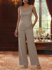 3 Pieces Suit Scoop Chiffon Mother of the Bride Pantsuits with Jacket 3/4 Sleeves Lace Ankle-Length